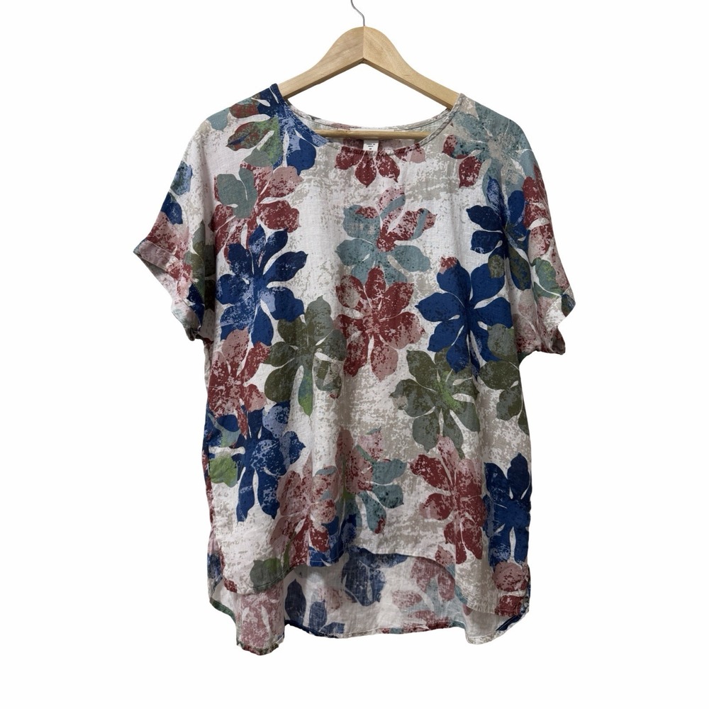 Coldwater Creek‎ Womens Linen Floral Relaxed Short Sleeve Top Size M Multicolor